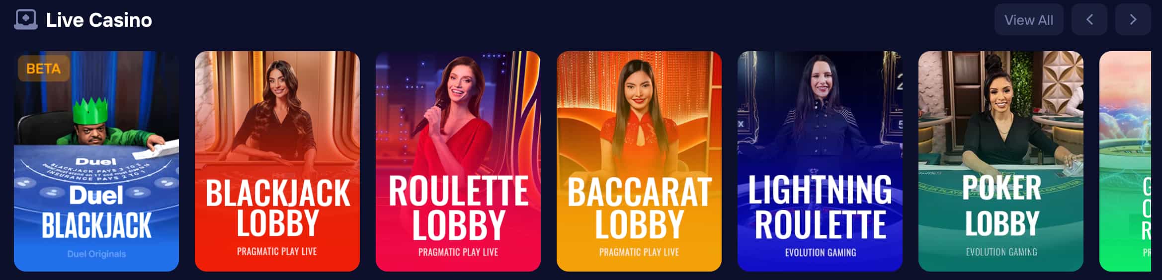 Duel game section interface spanning in-house games and live casino